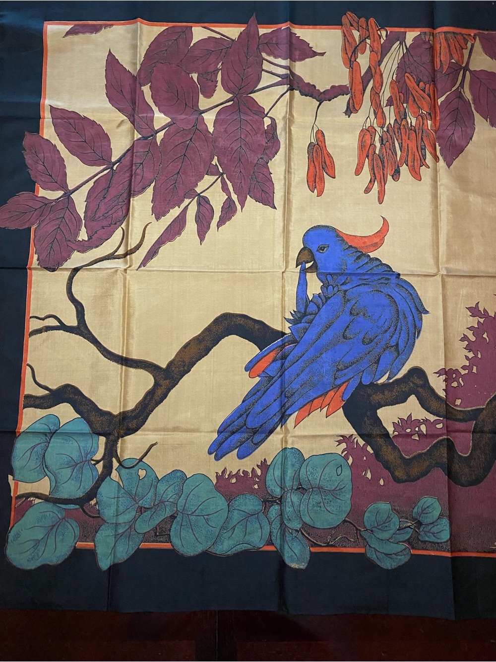 Vintage 100% Thai Silk Blue Parrot Botanical Scarf from Suzanne Collection
